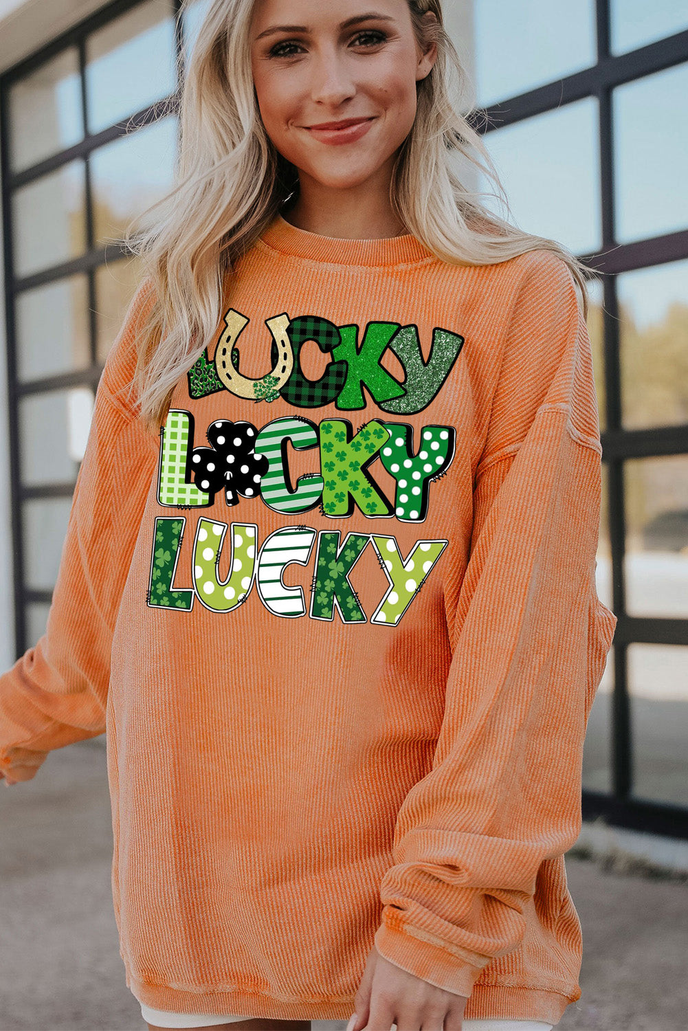 St. Patrick's Day Lucky Clover Ribbed Corduroy Oversized Sweatshirt
