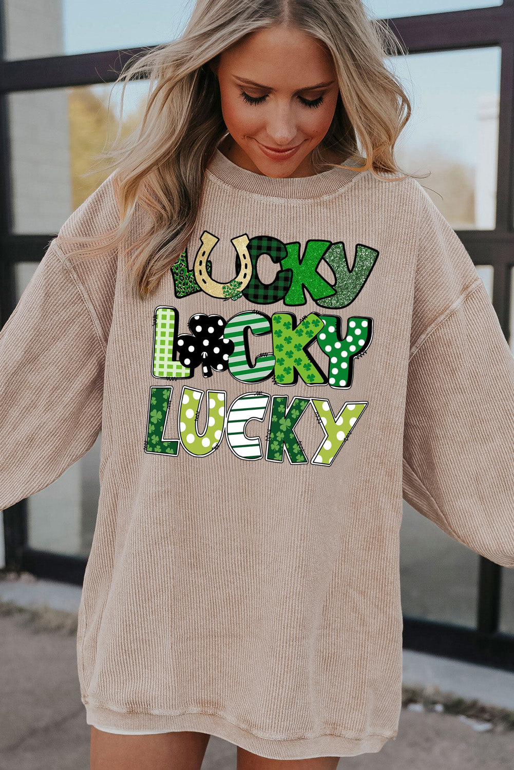 St. Patrick's Day Lucky Clover Ribbed Corduroy Oversized Sweatshirt