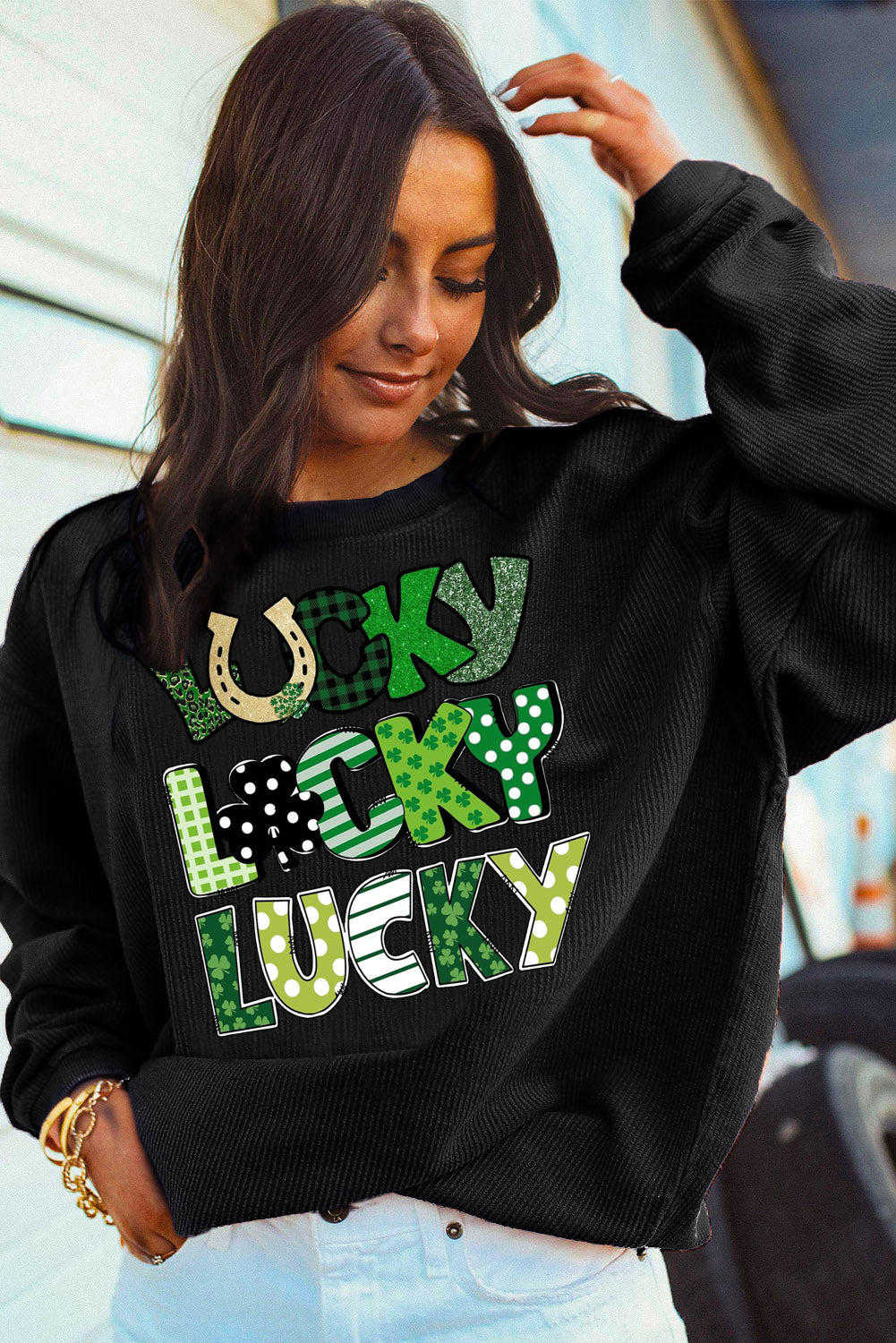 St. Patrick's Day Lucky Clover Ribbed Corduroy Oversized Sweatshirt