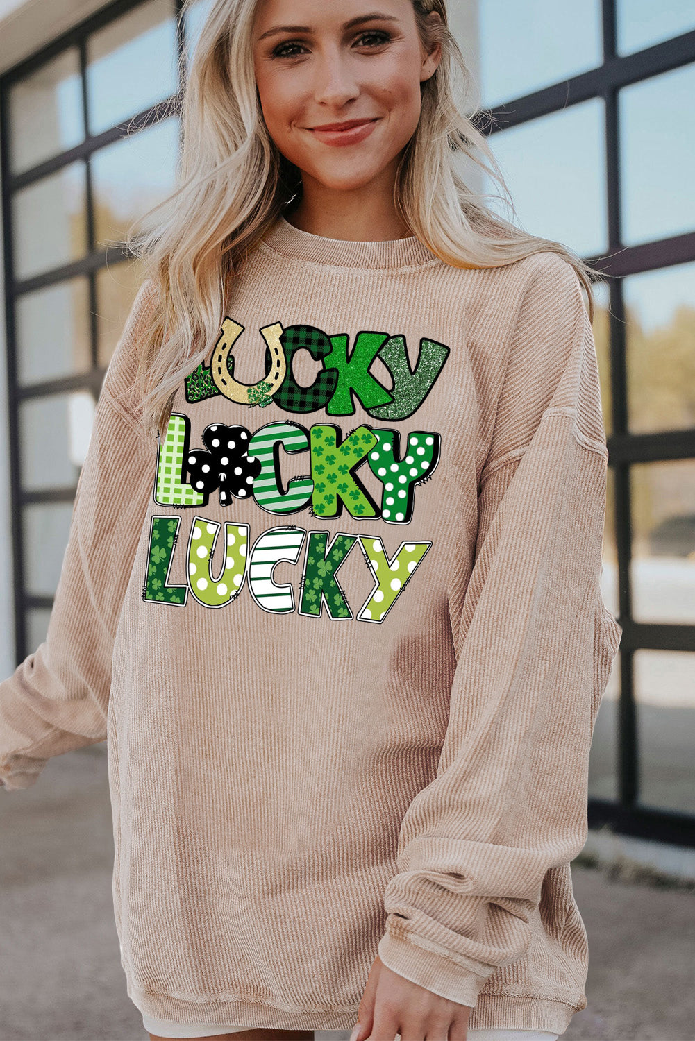 St. Patrick's Day Lucky Clover Ribbed Corduroy Oversized Sweatshirt