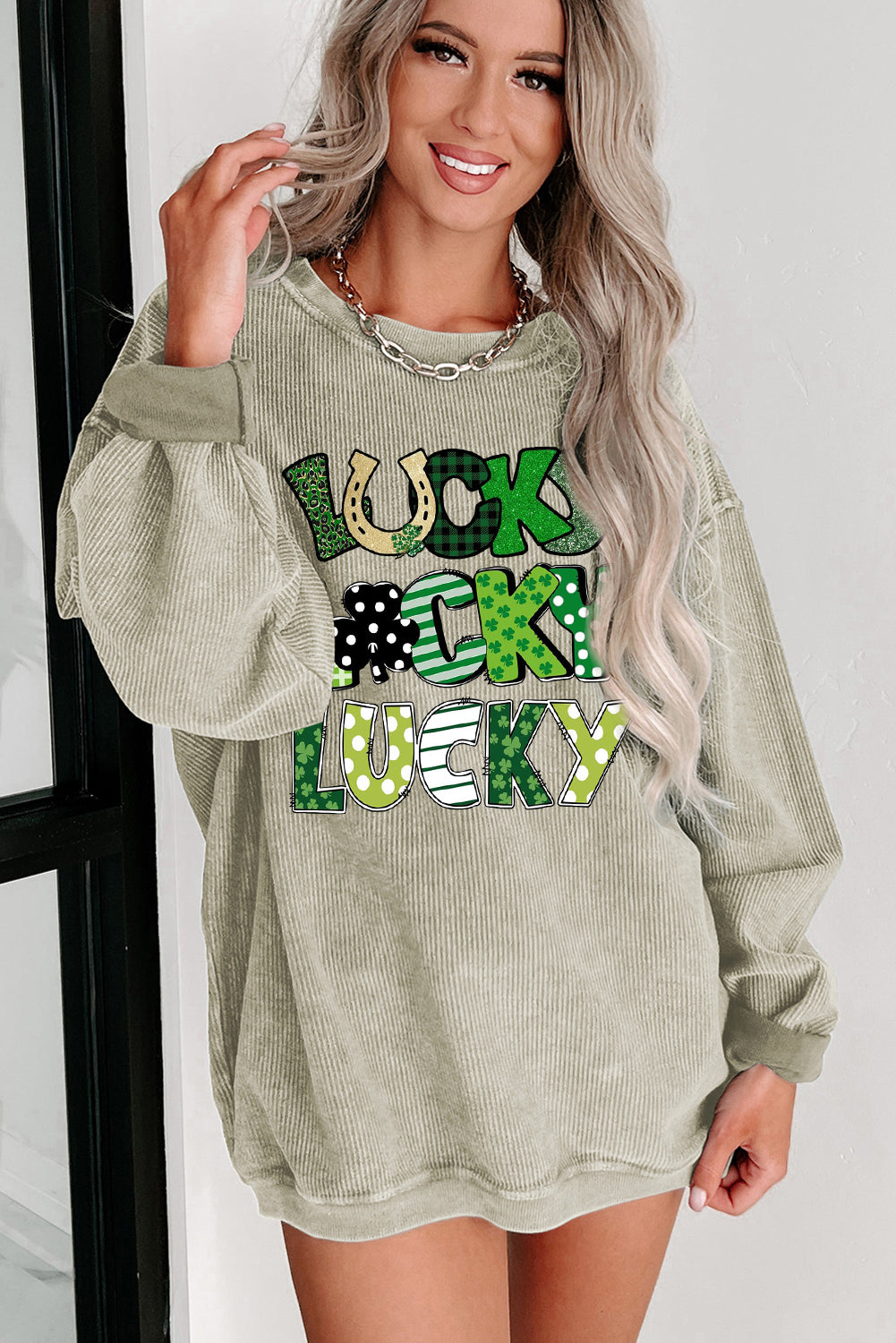 St. Patrick's Day Ribbed Knit Round Neck Pullover Sweatshirt