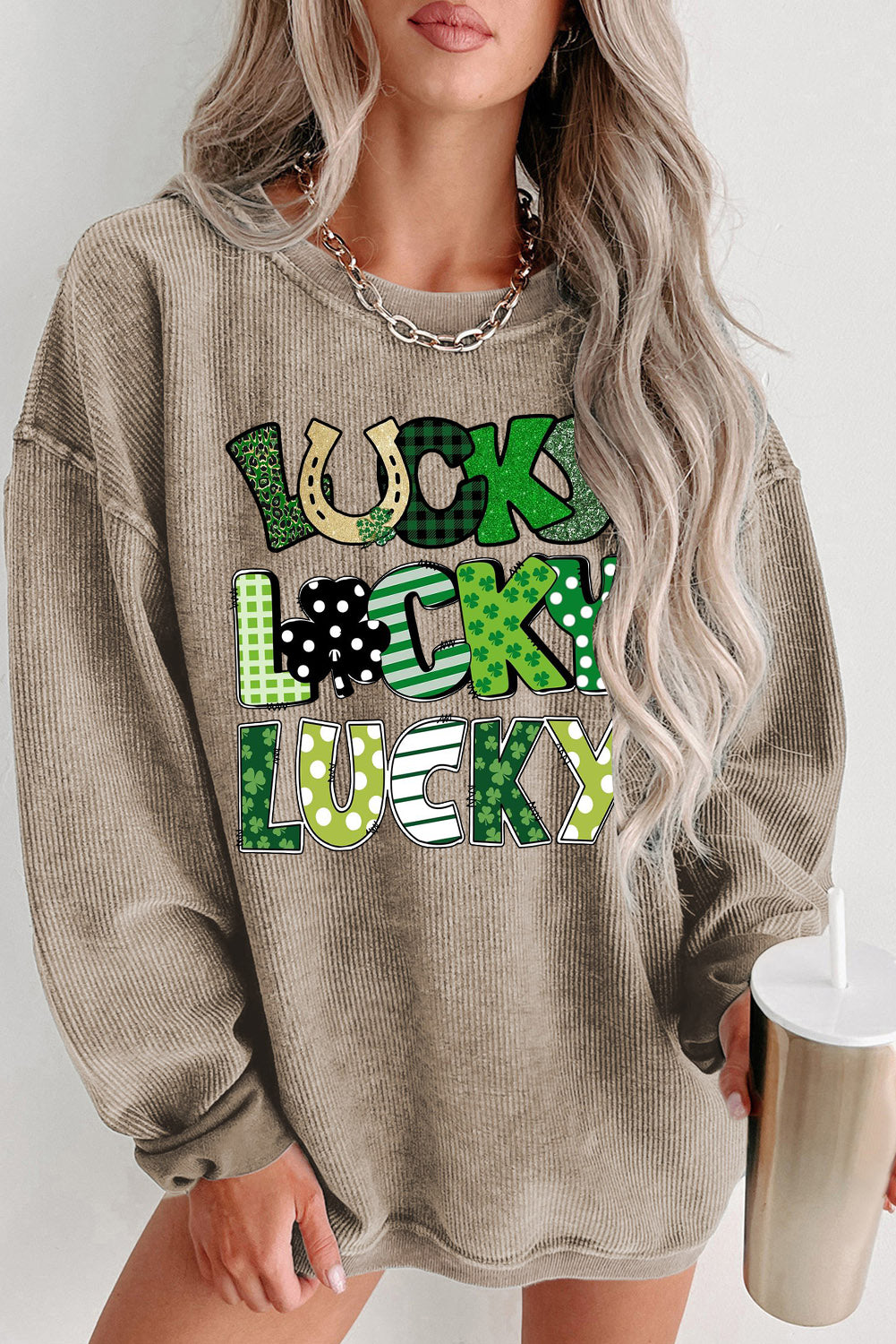 St. Patrick's Day Ribbed Knit Round Neck Pullover Sweatshirt