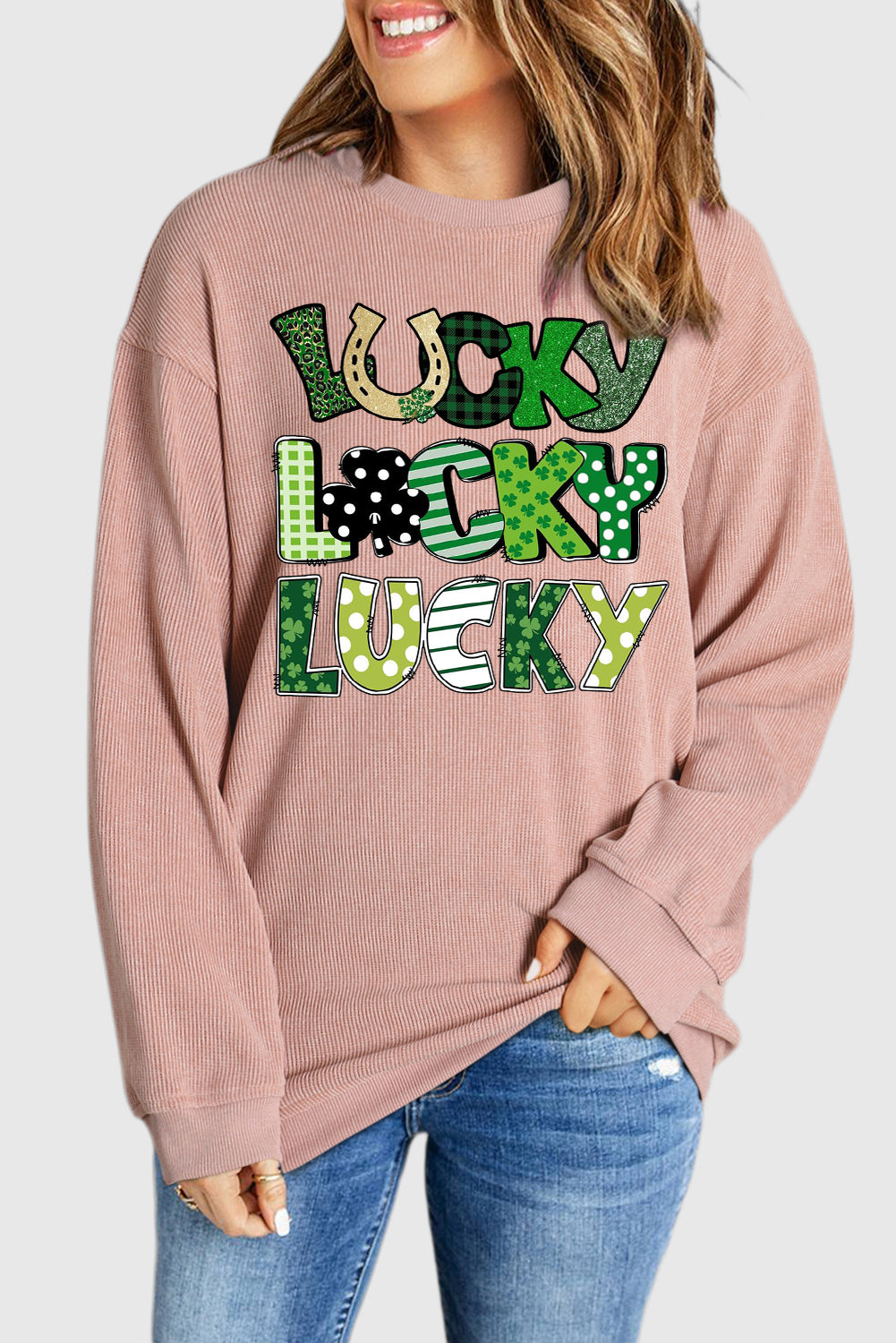 St. Patrick's Day Ribbed Knit Round Neck Pullover Sweatshirt