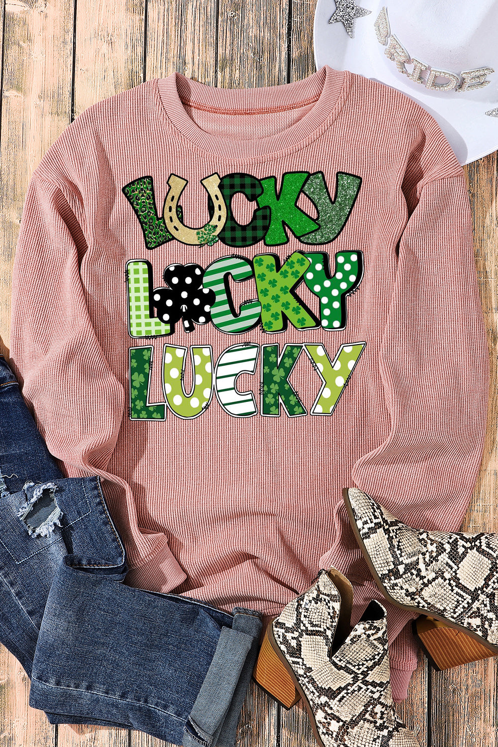 St. Patrick's Day Ribbed Knit Round Neck Pullover Sweatshirt