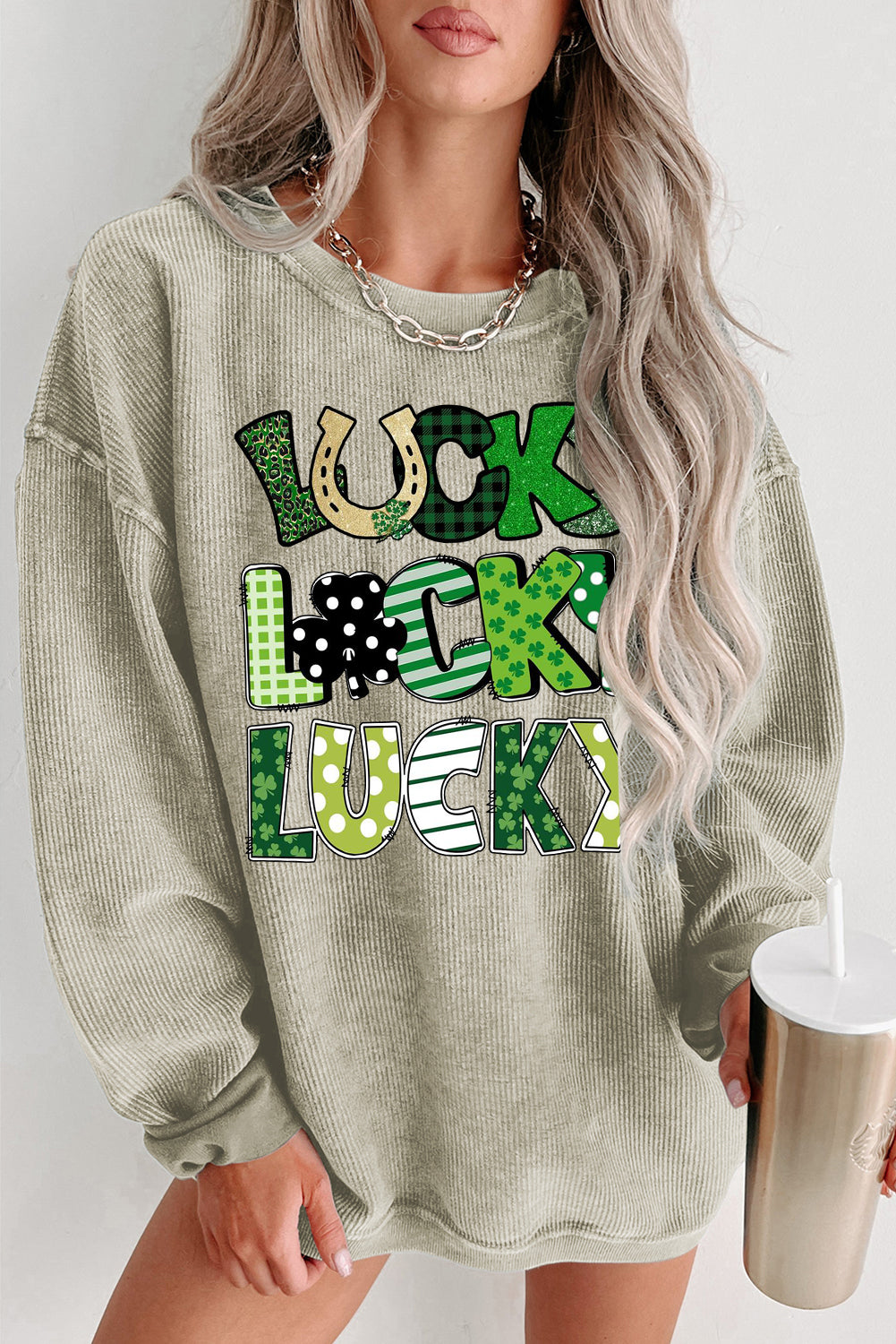 St. Patrick's Day Ribbed Knit Round Neck Pullover Sweatshirt