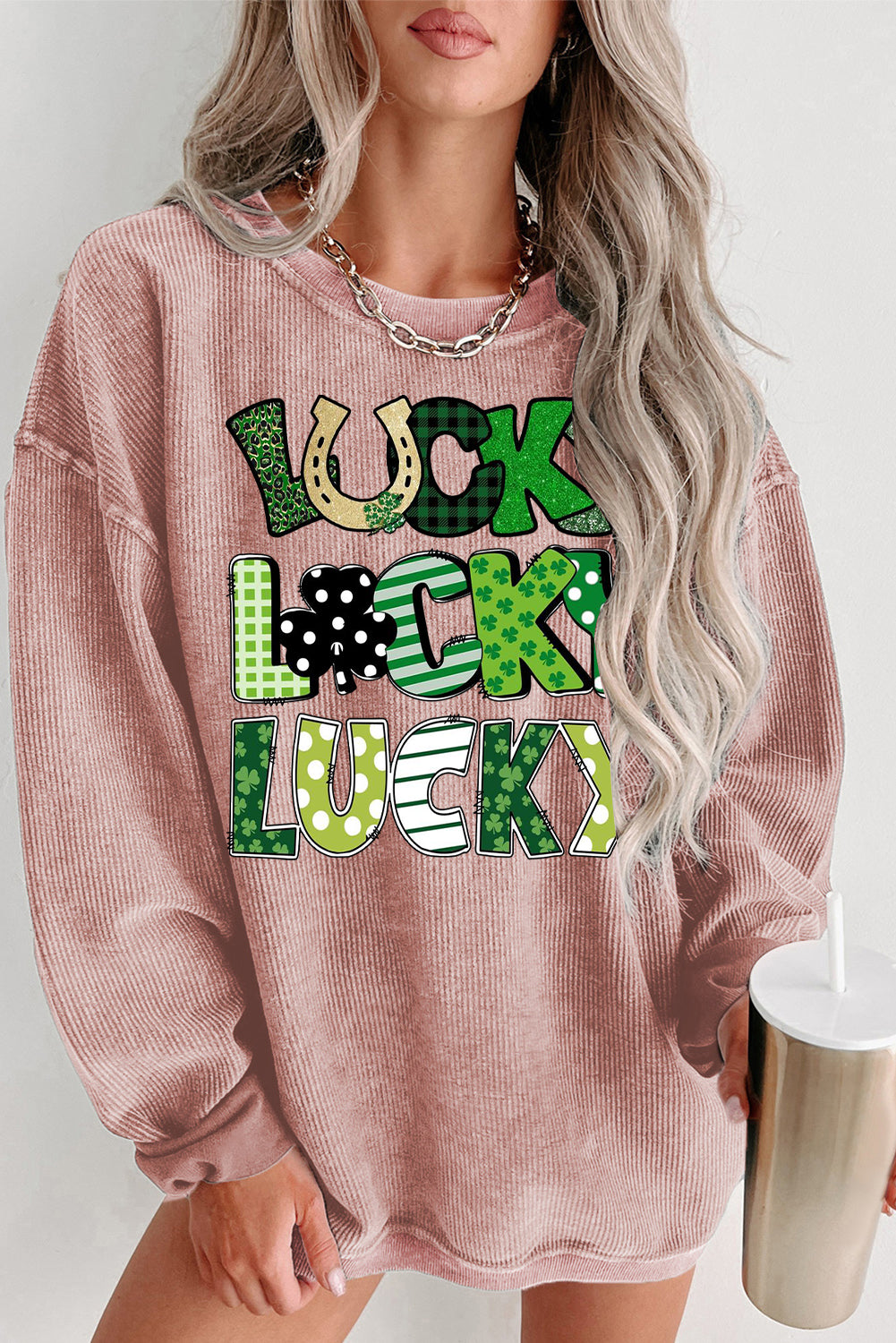 St. Patrick's Day Ribbed Knit Round Neck Pullover Sweatshirt
