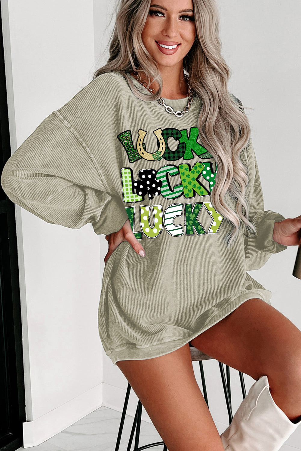 St. Patrick's Day Ribbed Knit Round Neck Pullover Sweatshirt