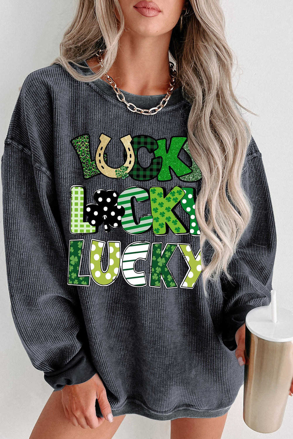 St. Patrick's Day Ribbed Knit Round Neck Pullover Sweatshirt