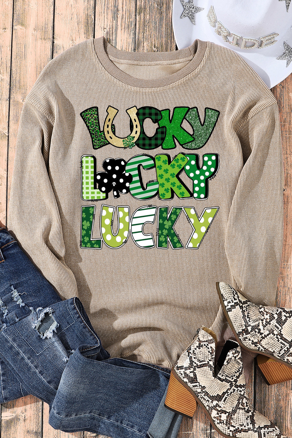St. Patrick's Day Ribbed Knit Round Neck Pullover Sweatshirt