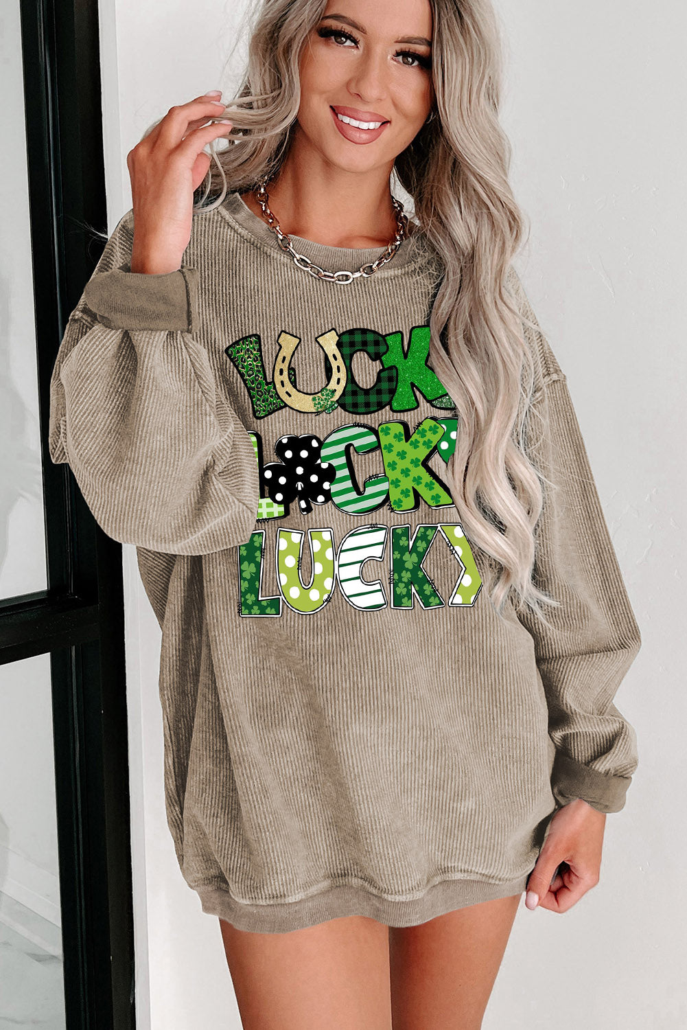 St. Patrick's Day Ribbed Knit Round Neck Pullover Sweatshirt