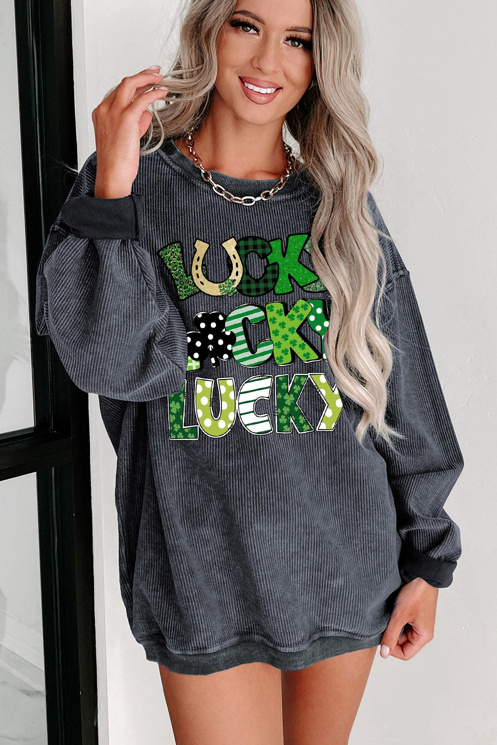 St. Patrick's Day Ribbed Knit Round Neck Pullover Sweatshirt