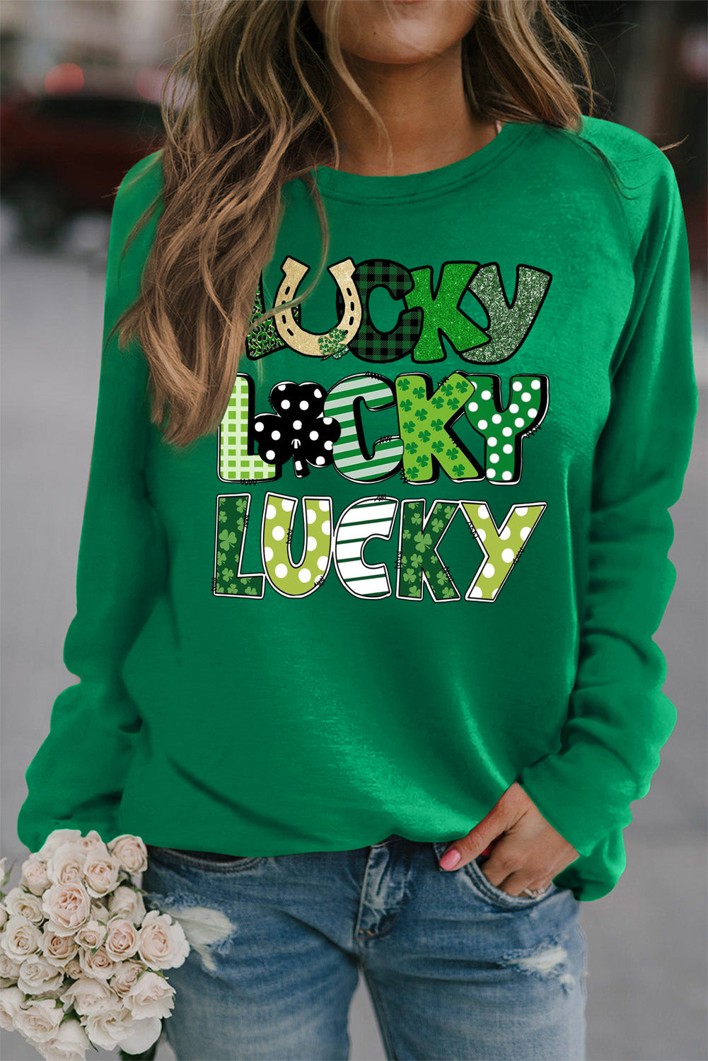 St. Patrick's Day Lucky Clover Round Neck Raglan Sleeve Sweatshirt