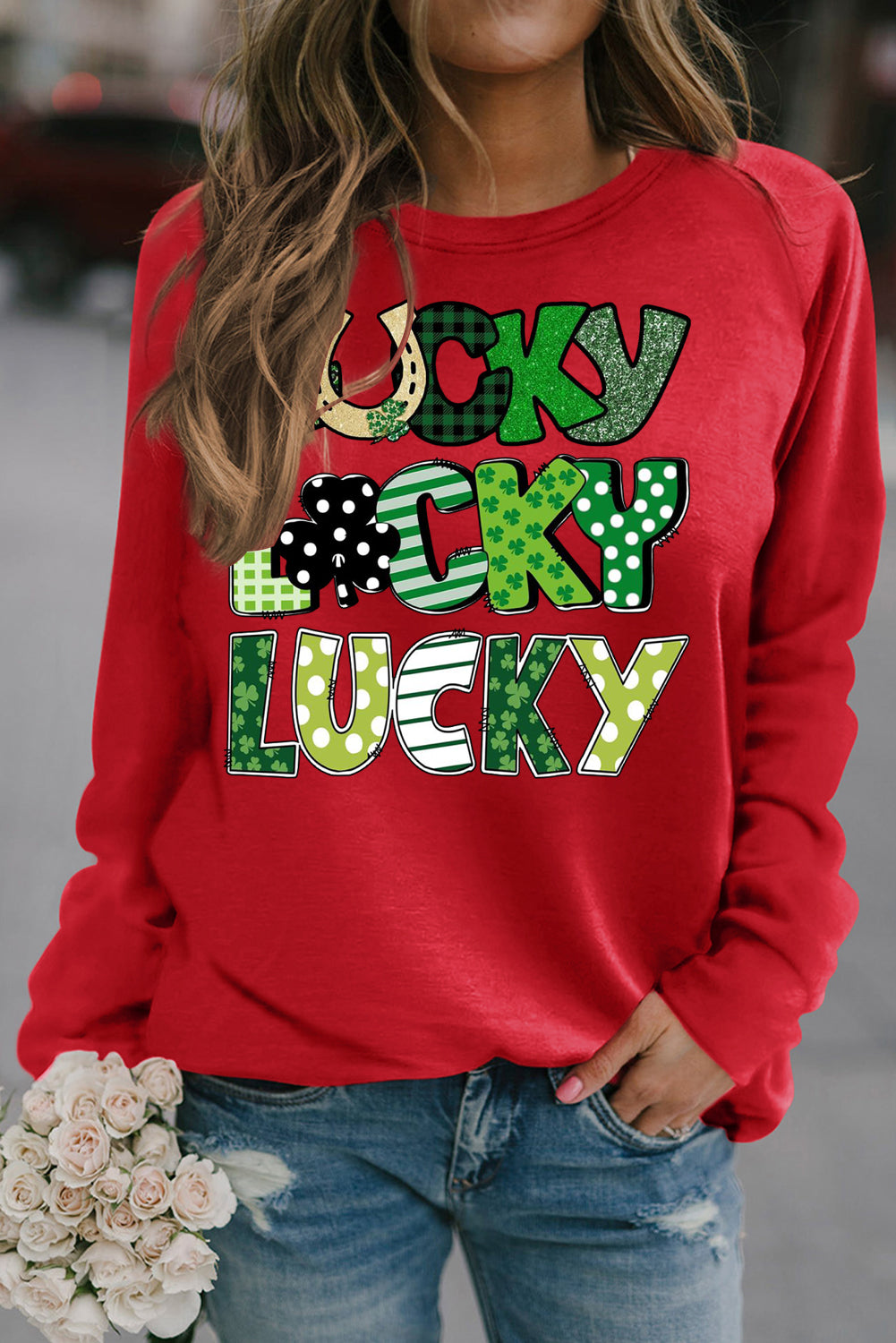 St. Patrick's Day Lucky Clover Round Neck Raglan Sleeve Sweatshirt