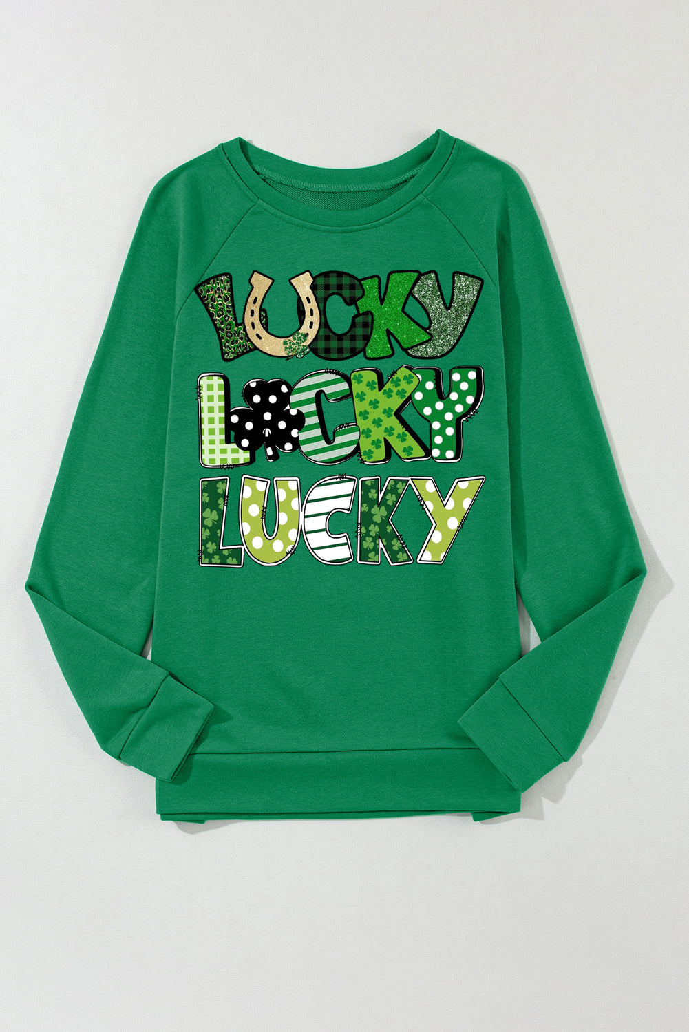 St. Patrick's Day Lucky Clover Round Neck Raglan Sleeve Sweatshirt