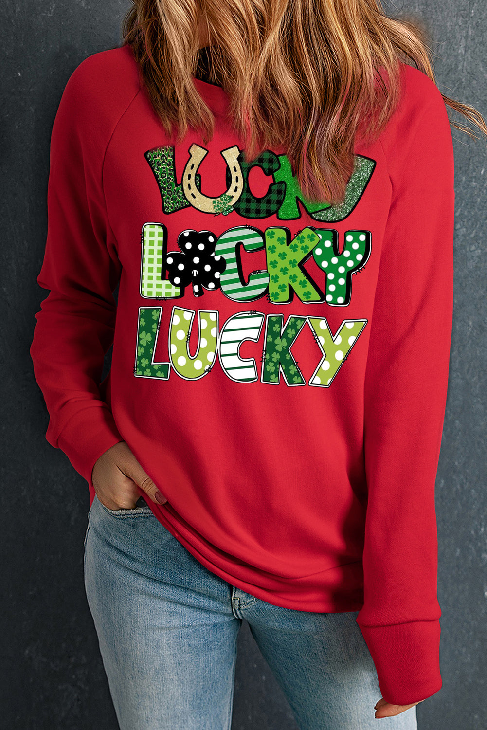St. Patrick's Day Lucky Clover Round Neck Raglan Sleeve Sweatshirt