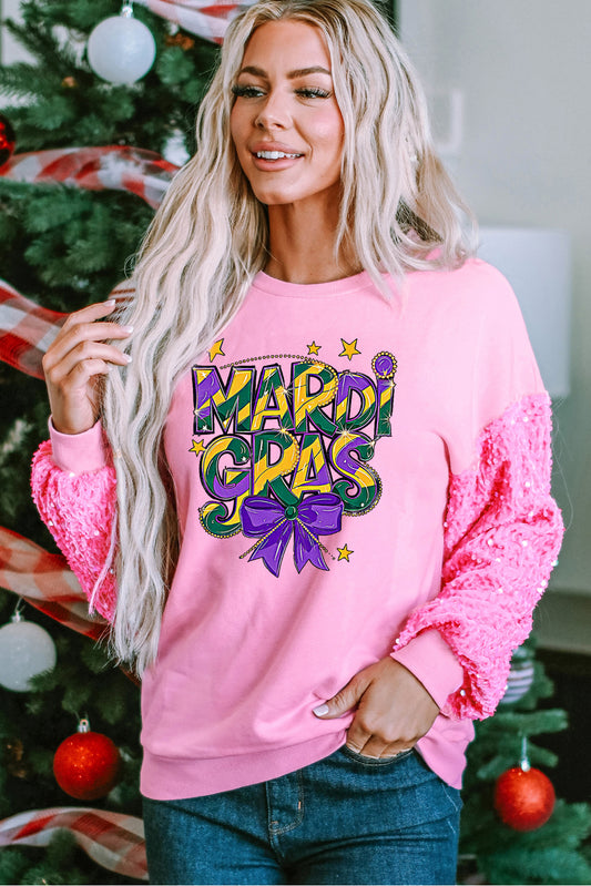 Mardi Gras Sequin Bow Patchwork Long Sleeve Pullover Top