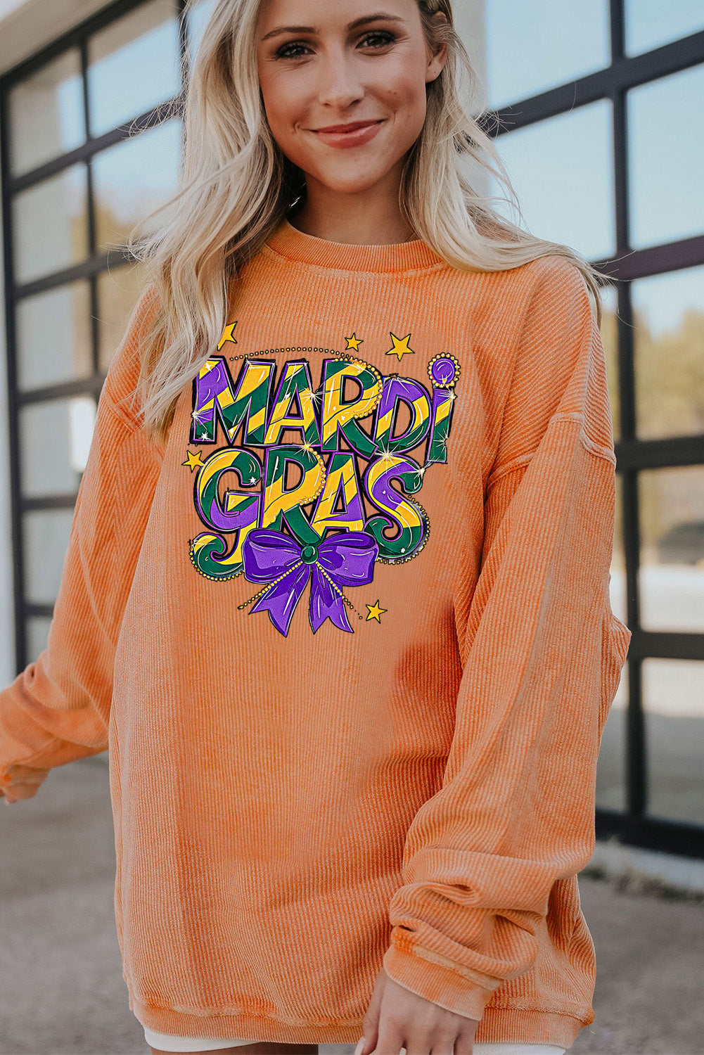 Mardi Gras Bow Graphic Textured Corduroy Relaxed Sweatshirt