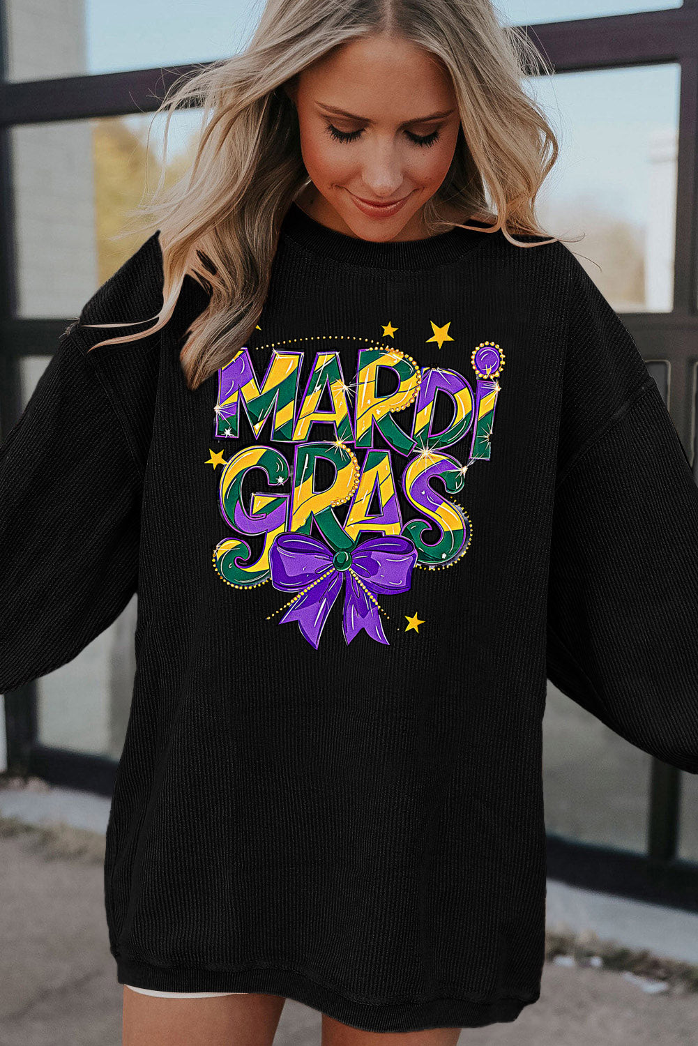 Mardi Gras Bow Graphic Textured Corduroy Relaxed Sweatshirt