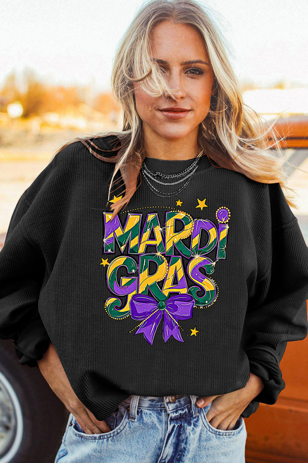 Mardi Gras Bow Graphic Textured Corduroy Relaxed Sweatshirt