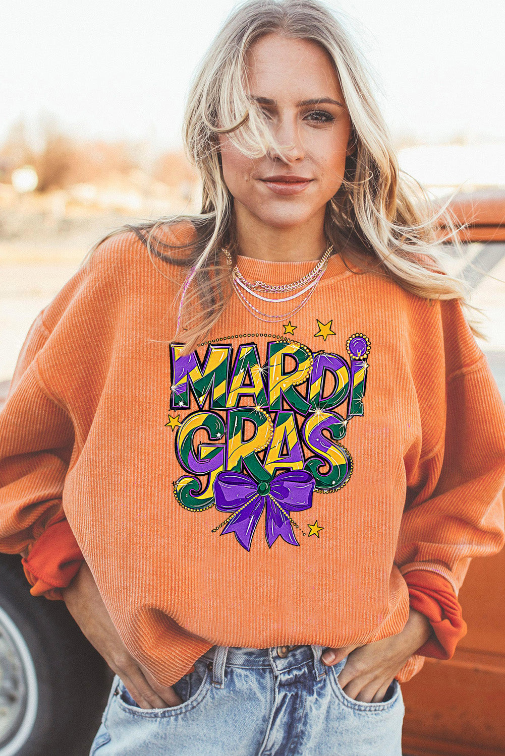 Mardi Gras Bow Graphic Textured Corduroy Relaxed Sweatshirt