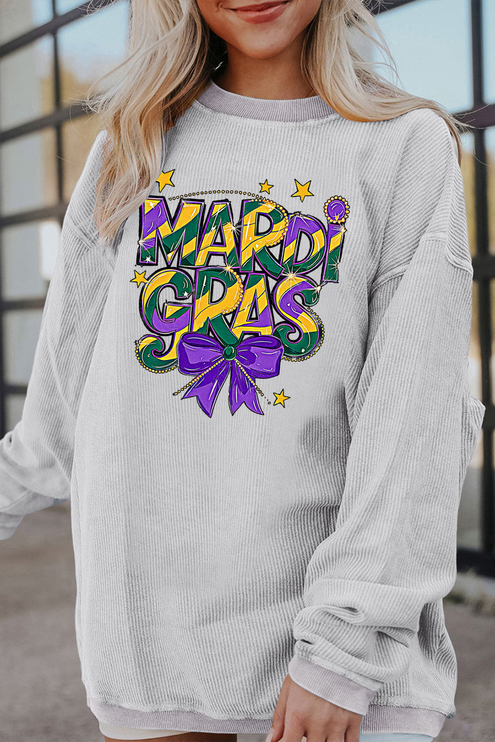 Mardi Gras Bow Graphic Textured Corduroy Relaxed Sweatshirt