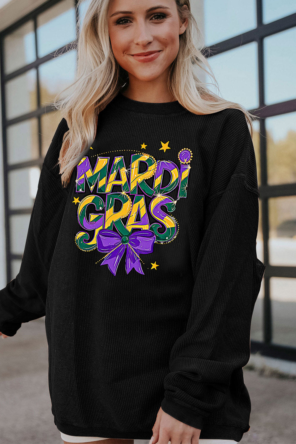 Mardi Gras Bow Graphic Textured Corduroy Relaxed Sweatshirt