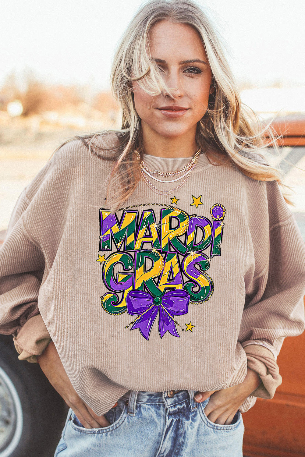 Mardi Gras Bow Graphic Textured Corduroy Relaxed Sweatshirt