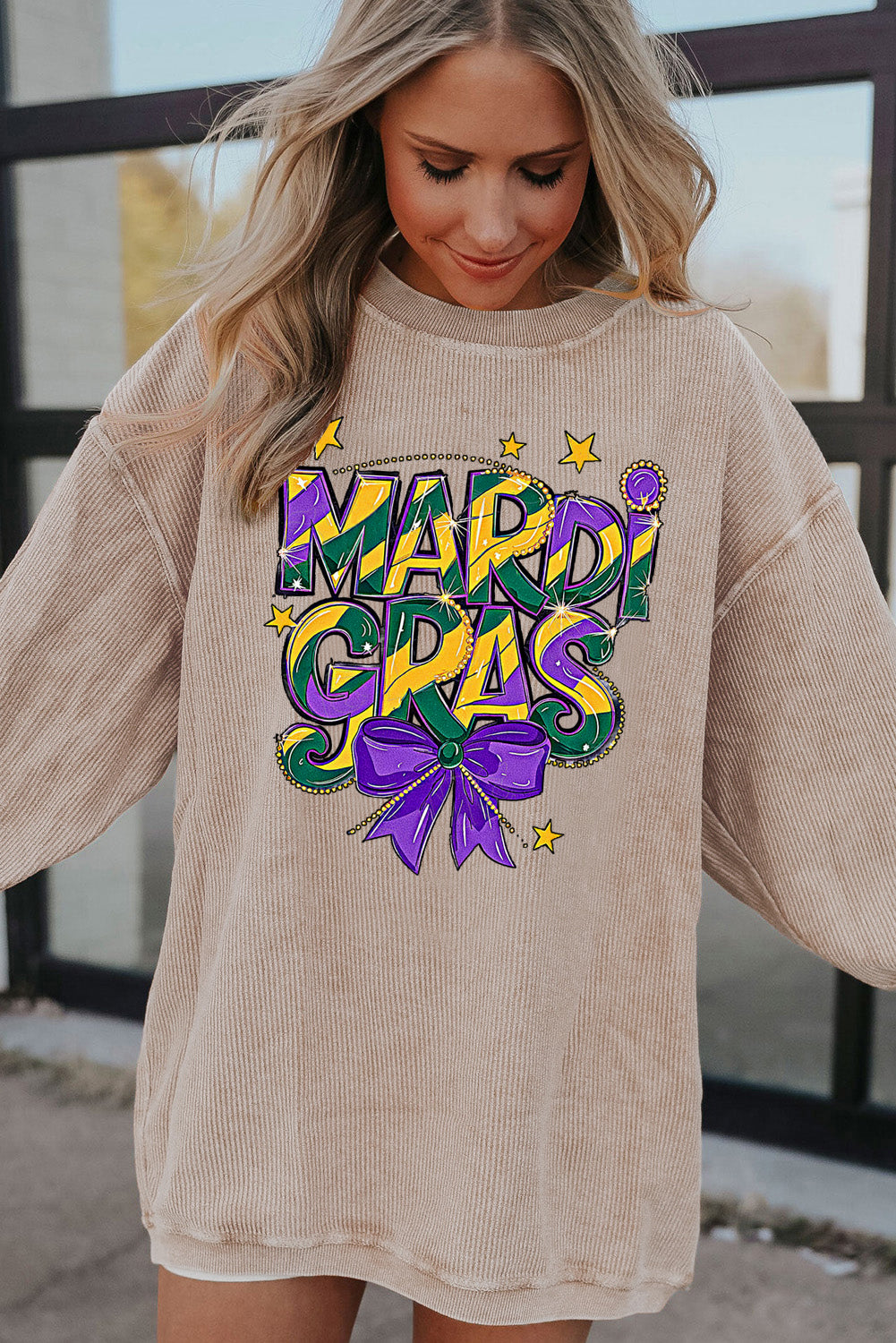 Mardi Gras Bow Graphic Textured Corduroy Relaxed Sweatshirt