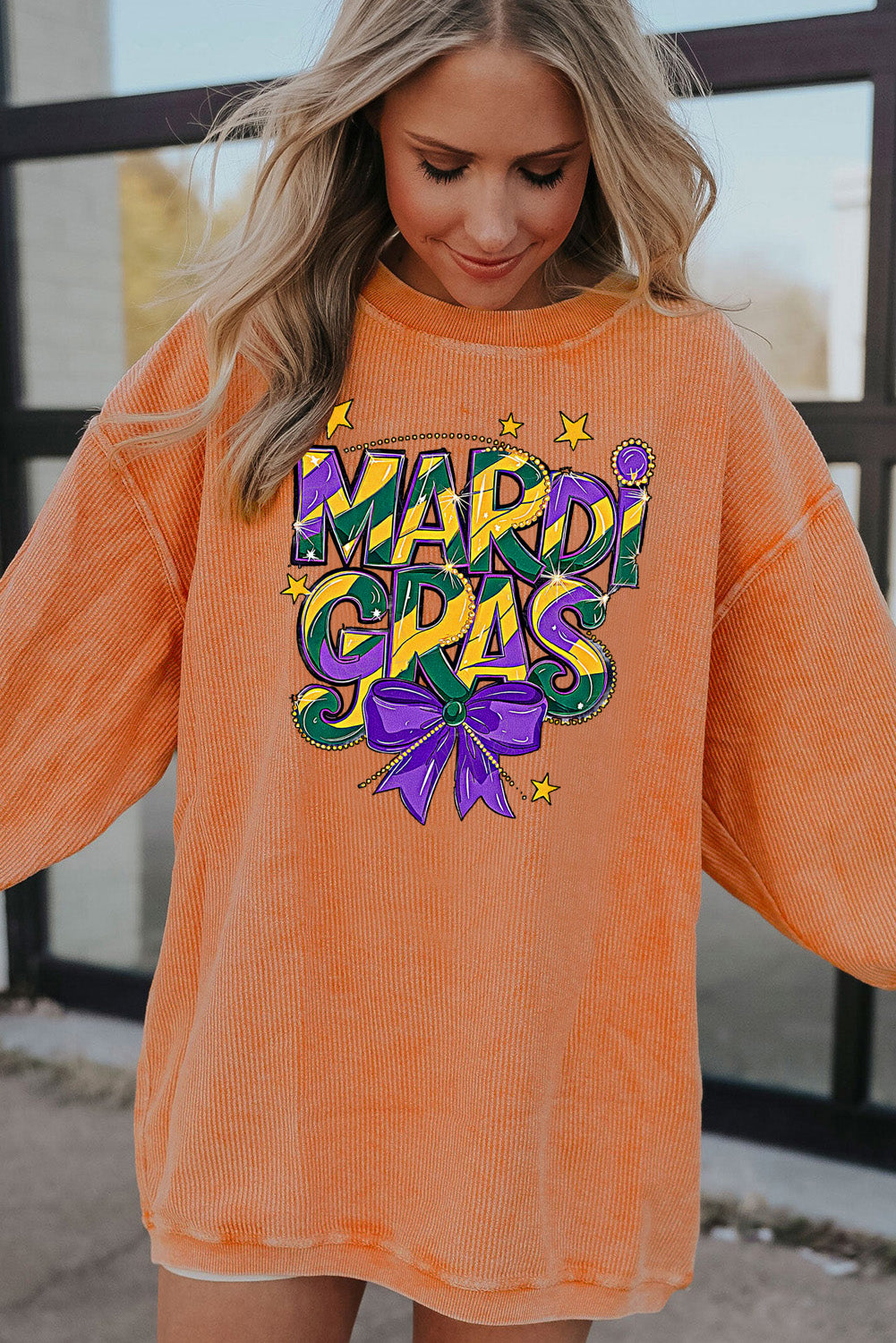 Mardi Gras Bow Graphic Textured Corduroy Relaxed Sweatshirt