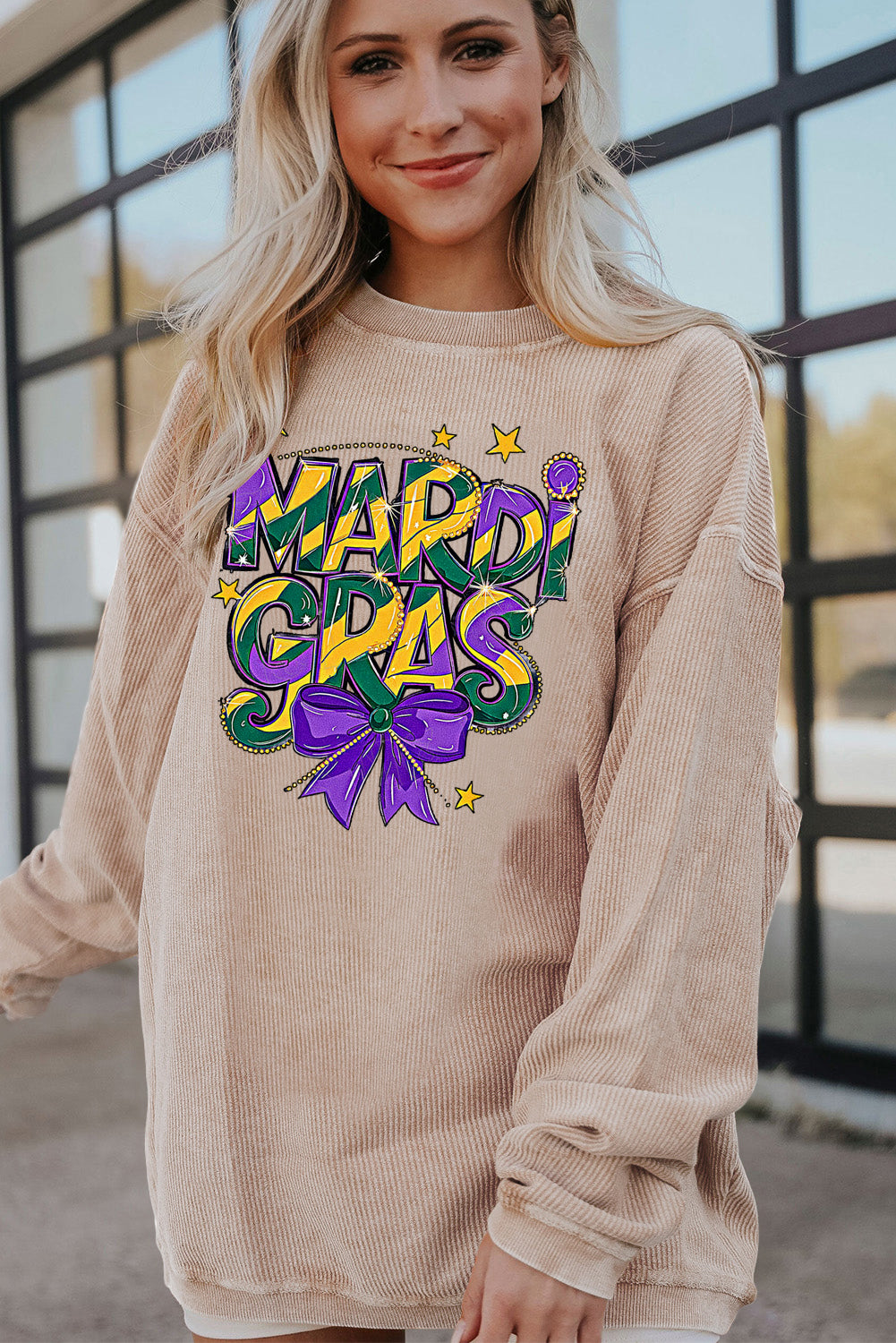 Mardi Gras Bow Graphic Textured Corduroy Relaxed Sweatshirt