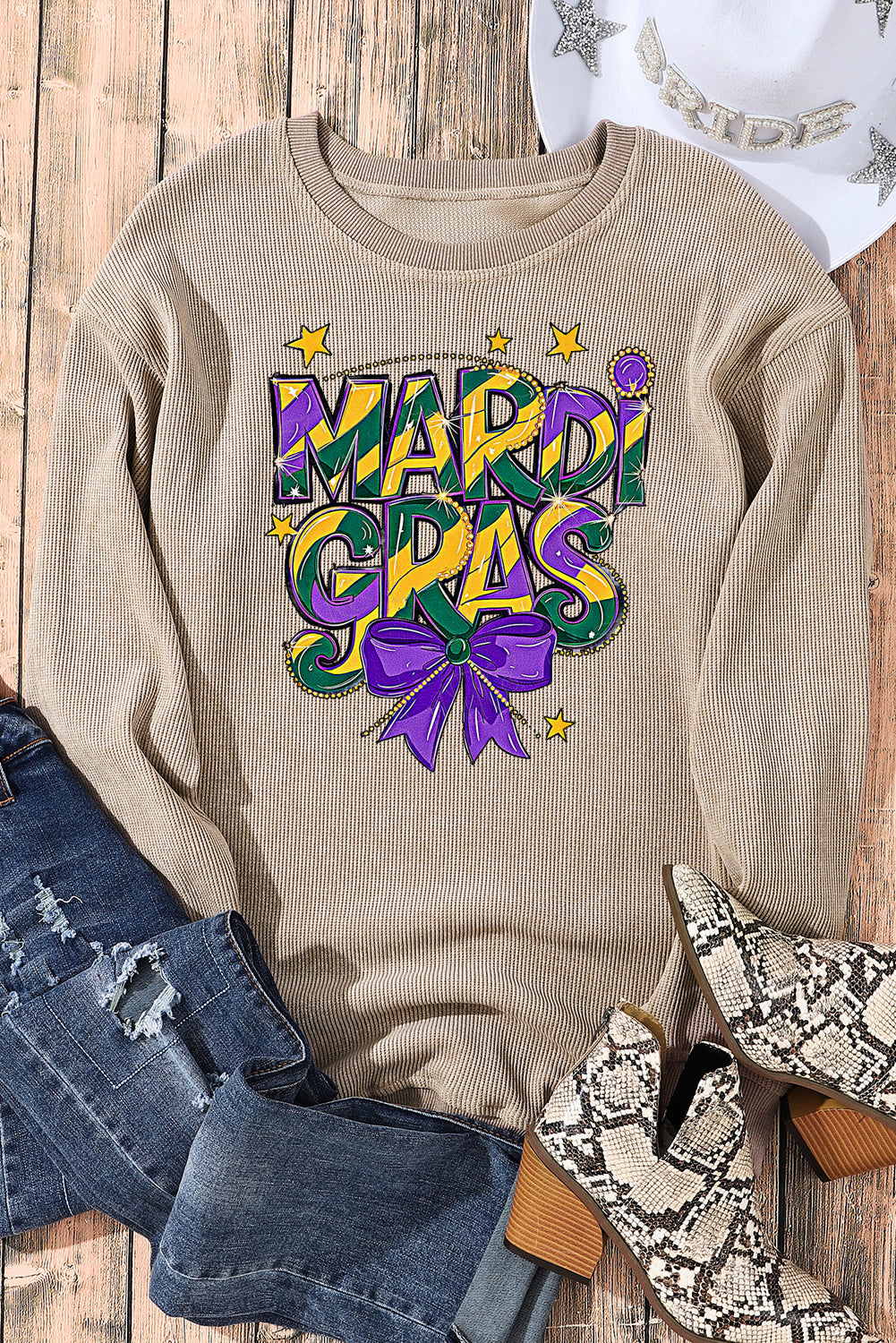Mardi Gras Bow Graphic Ribbed Knit Round Neck Pullover Sweatshirt