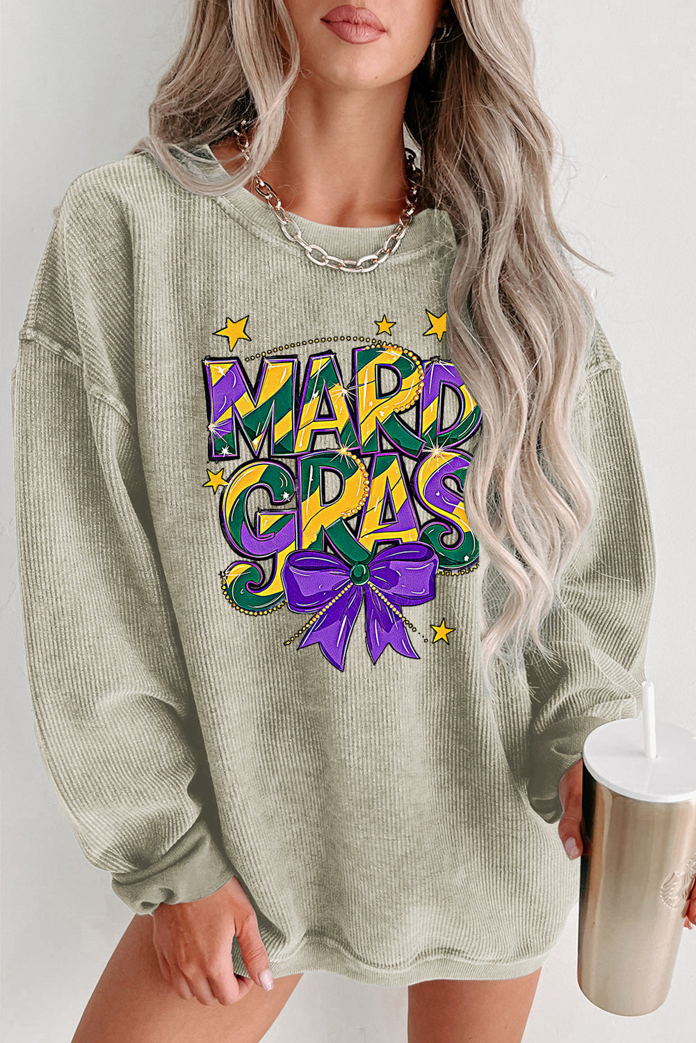 Mardi Gras Bow Graphic Ribbed Knit Round Neck Pullover Sweatshirt