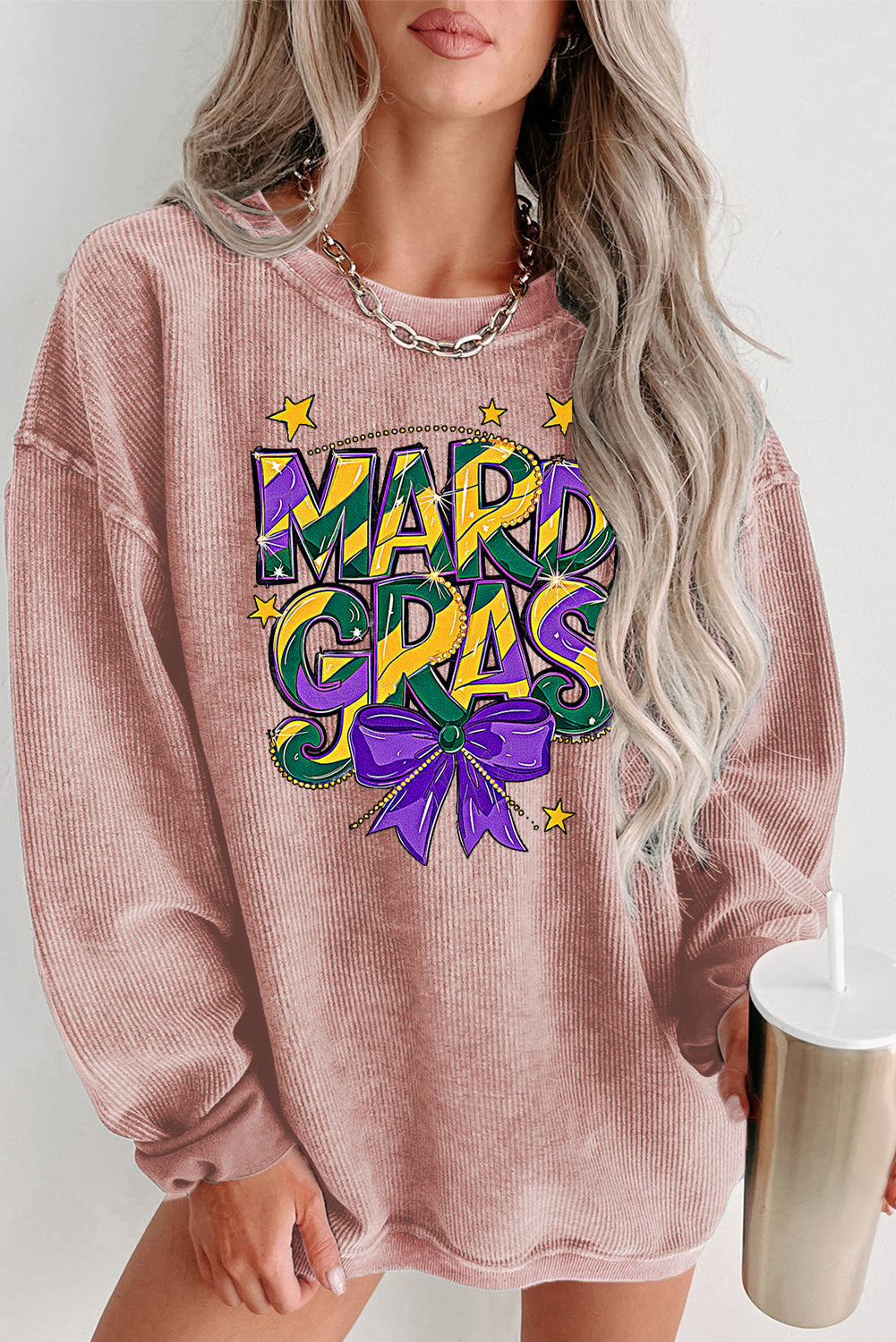 Mardi Gras Bow Graphic Ribbed Knit Round Neck Pullover Sweatshirt