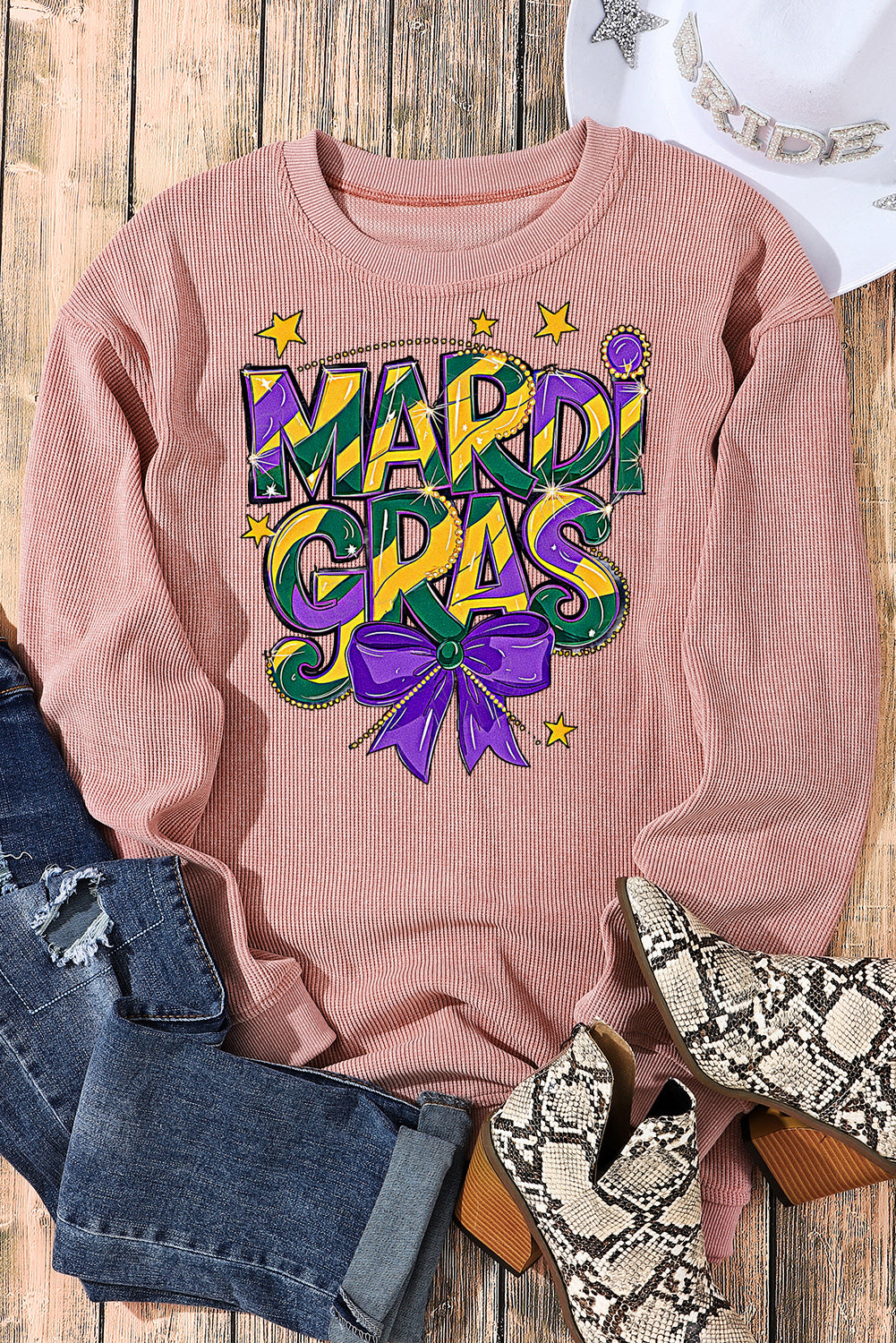 Mardi Gras Bow Graphic Ribbed Knit Round Neck Pullover Sweatshirt
