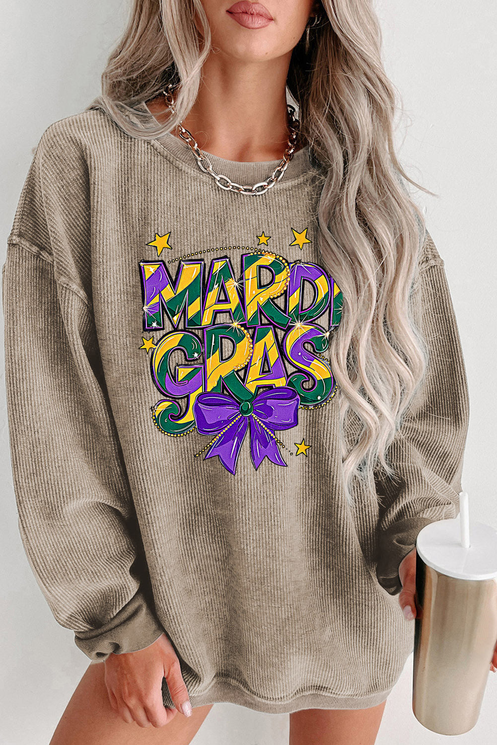 Mardi Gras Bow Graphic Ribbed Knit Round Neck Pullover Sweatshirt
