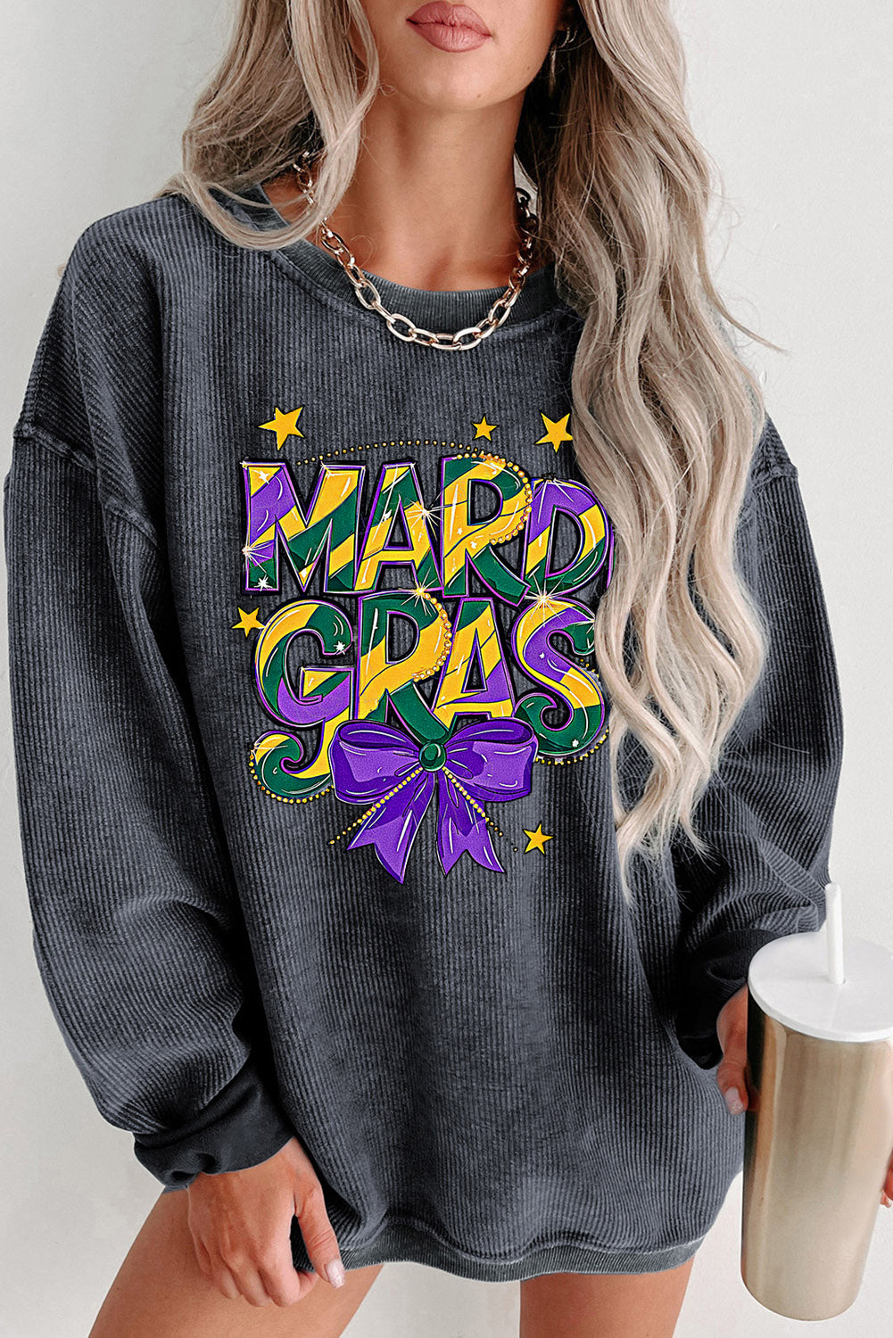 Mardi Gras Bow Graphic Ribbed Knit Round Neck Pullover Sweatshirt