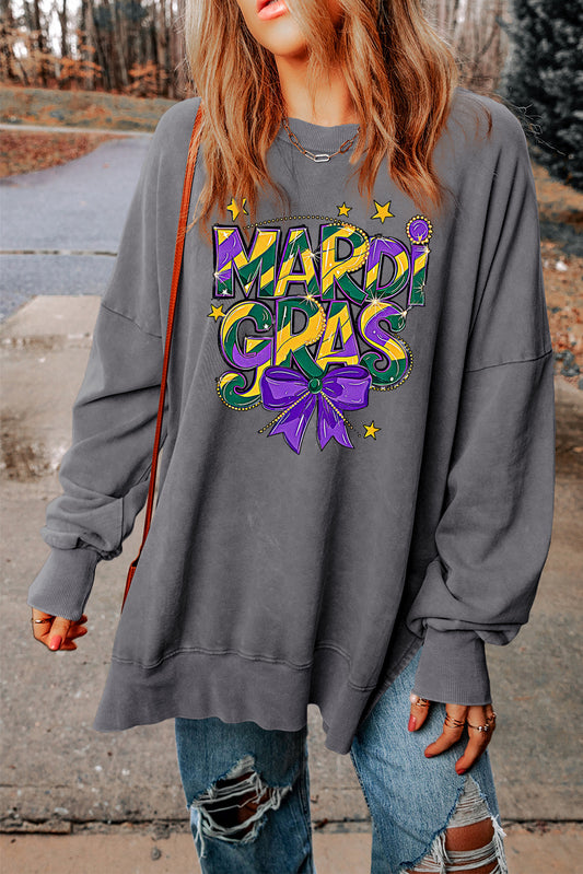 Mardi Gras Bow Graphic Drop Shoulder Ribbed Trim Oversized Sweatshirt