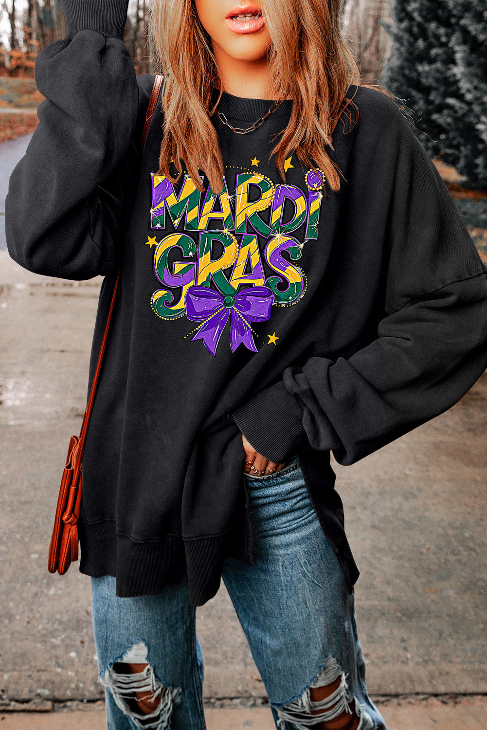 Mardi Gras Bow Graphic Drop Shoulder Ribbed Trim Oversized Sweatshirt