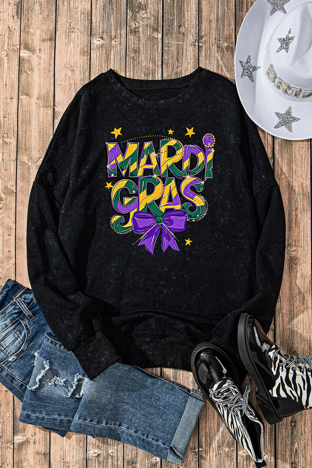 Mardi Gras Bow Graphic Drop Shoulder Ribbed Trim Oversized Sweatshirt
