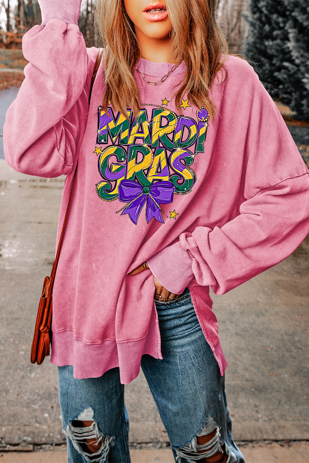 Mardi Gras Bow Graphic Drop Shoulder Ribbed Trim Oversized Sweatshirt