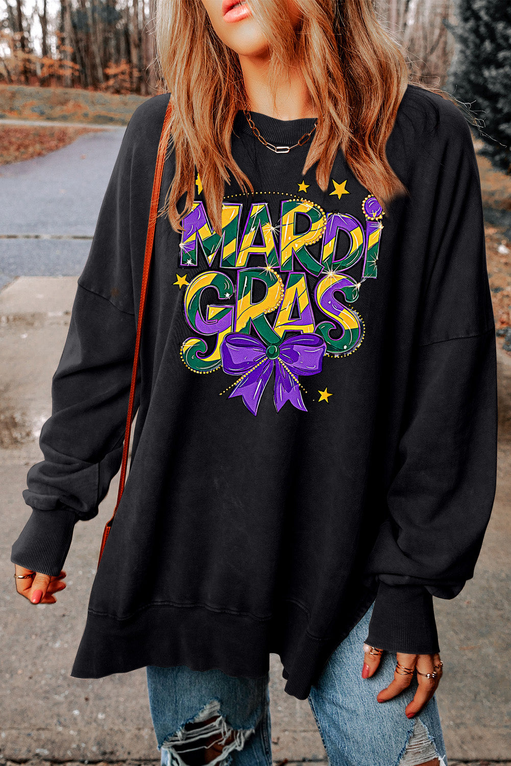 Mardi Gras Bow Graphic Drop Shoulder Ribbed Trim Oversized Sweatshirt