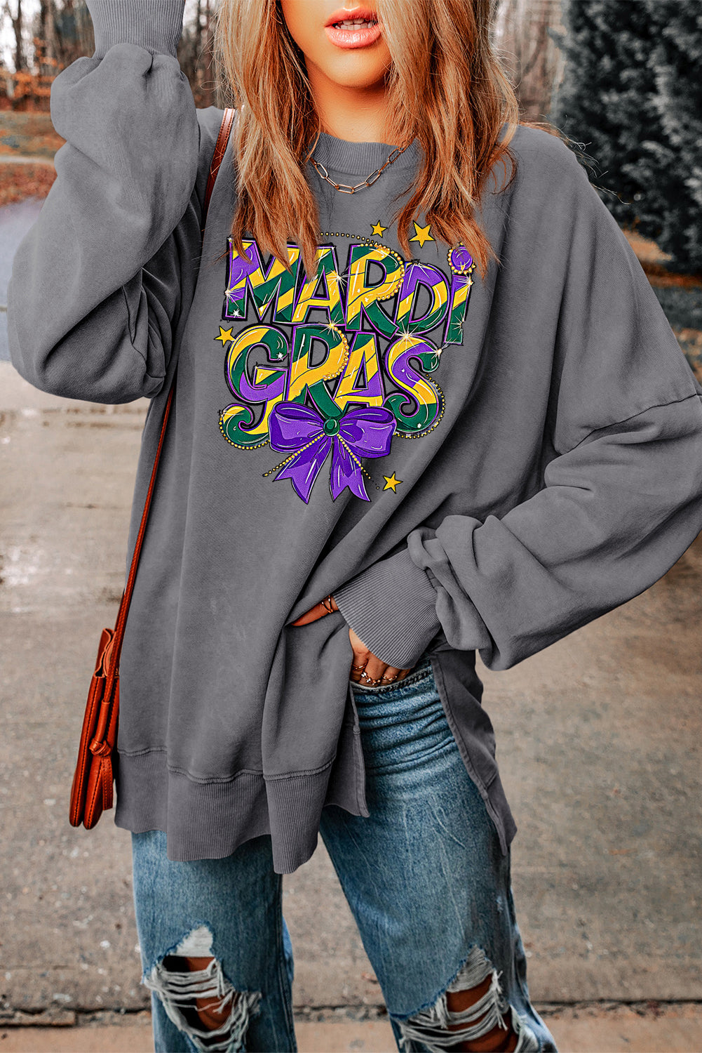 Mardi Gras Bow Graphic Drop Shoulder Ribbed Trim Oversized Sweatshirt