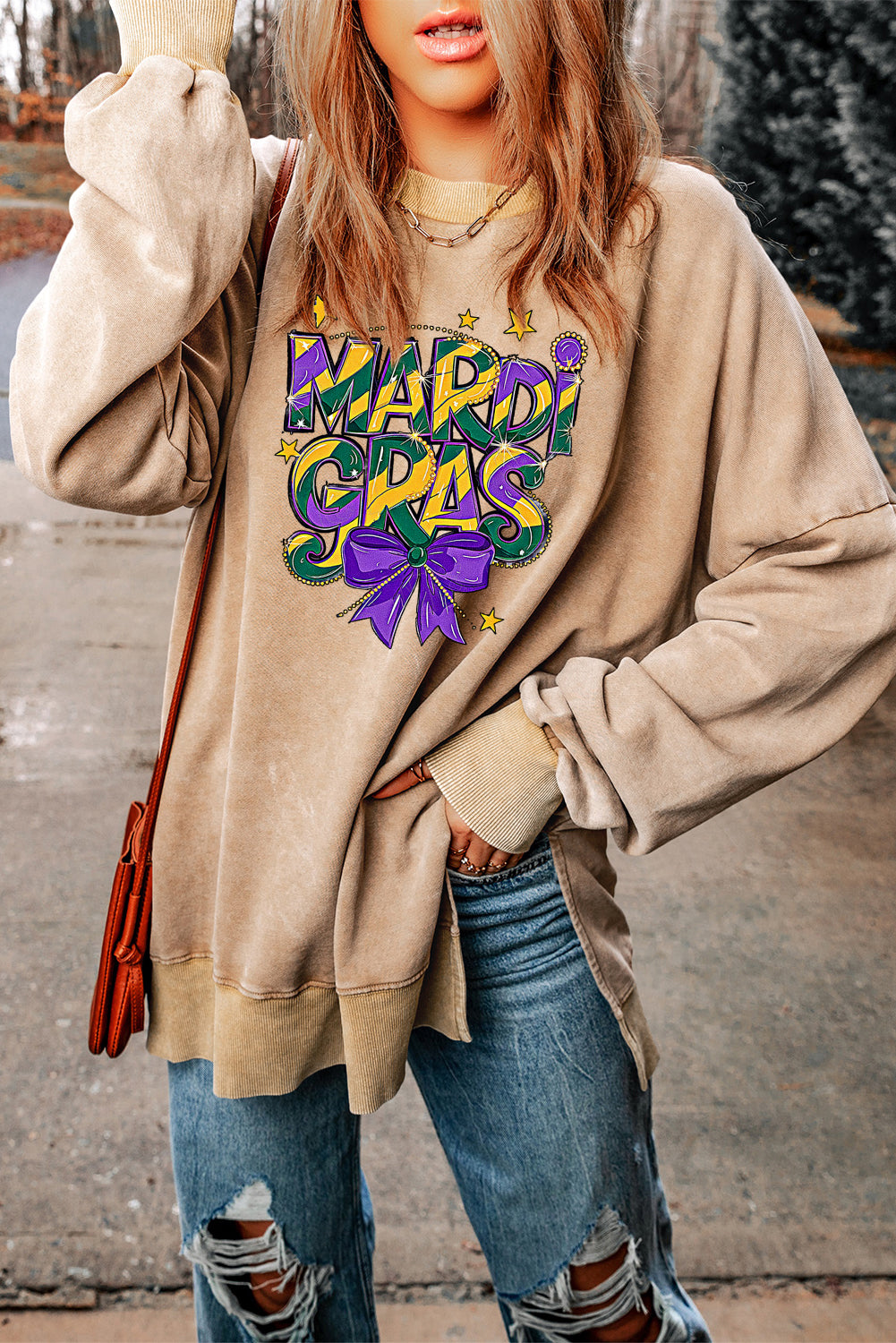 Mardi Gras Bow Graphic Drop Shoulder Ribbed Trim Oversized Sweatshirt