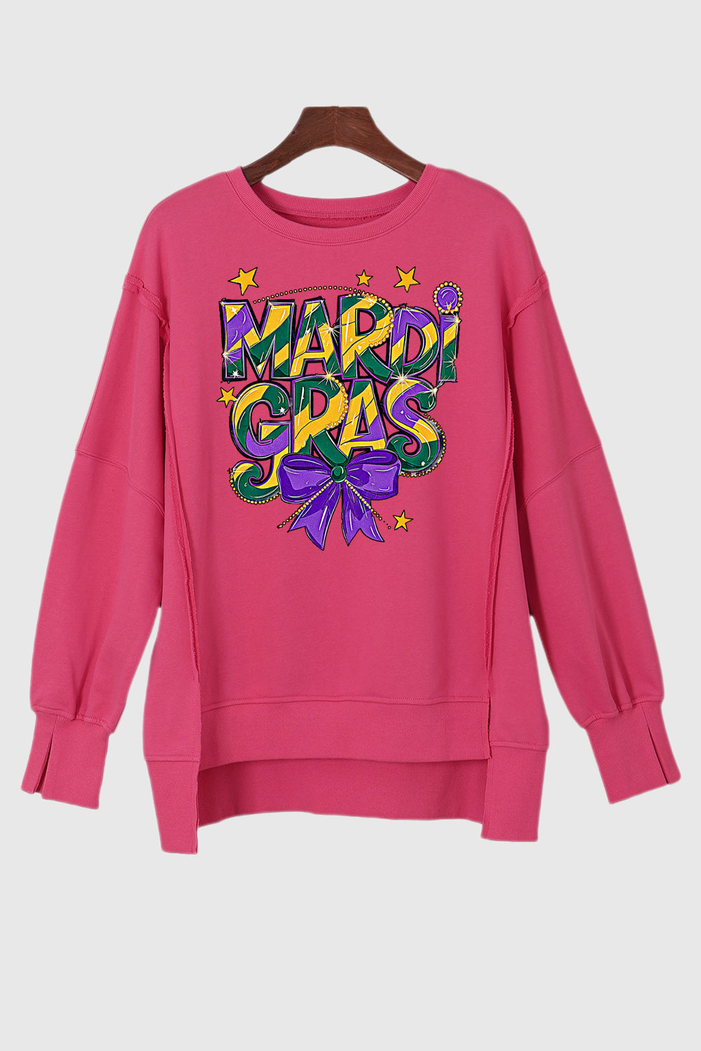Mardi Gras Festive Bow Exposed Seam Slit Hem Sweatshirt