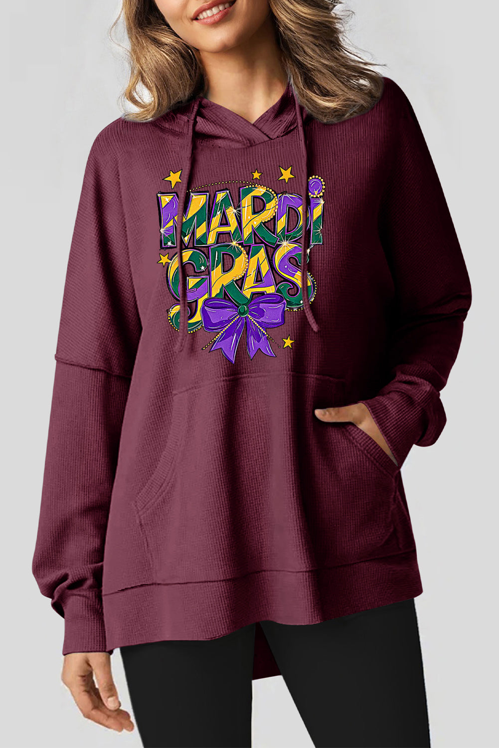 Mardi Gras Bow Print Oversized Waffle Knit Fleece Hoodie