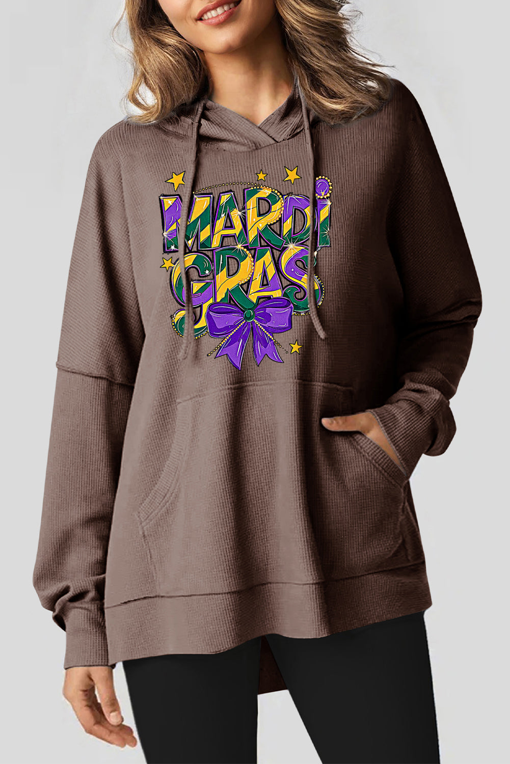 Mardi Gras Bow Print Oversized Waffle Knit Fleece Hoodie