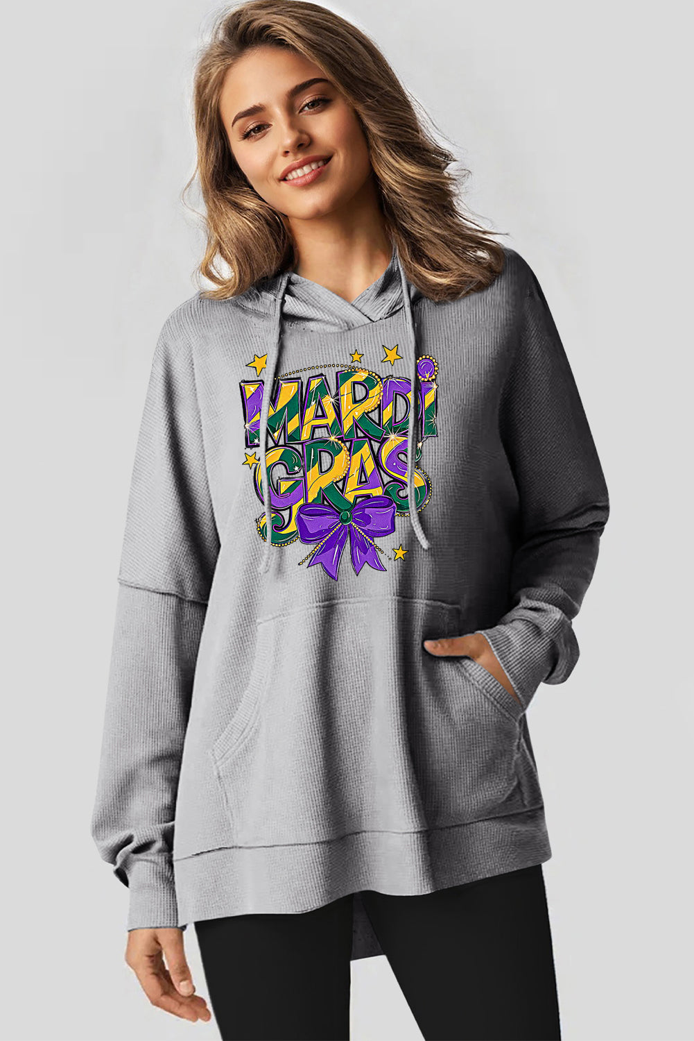 Mardi Gras Bow Print Oversized Waffle Knit Fleece Hoodie