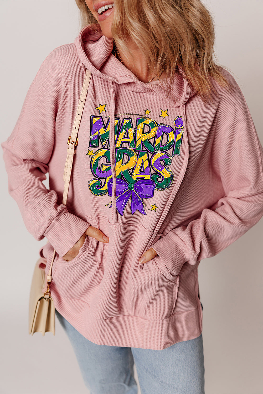 Mardi Gras Bow Print Oversized Waffle Knit Fleece Hoodie