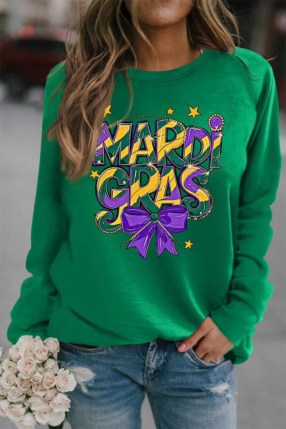 Mardi Gras Bow Graphic Round Neck Raglan Sleeve Sweatshirt
