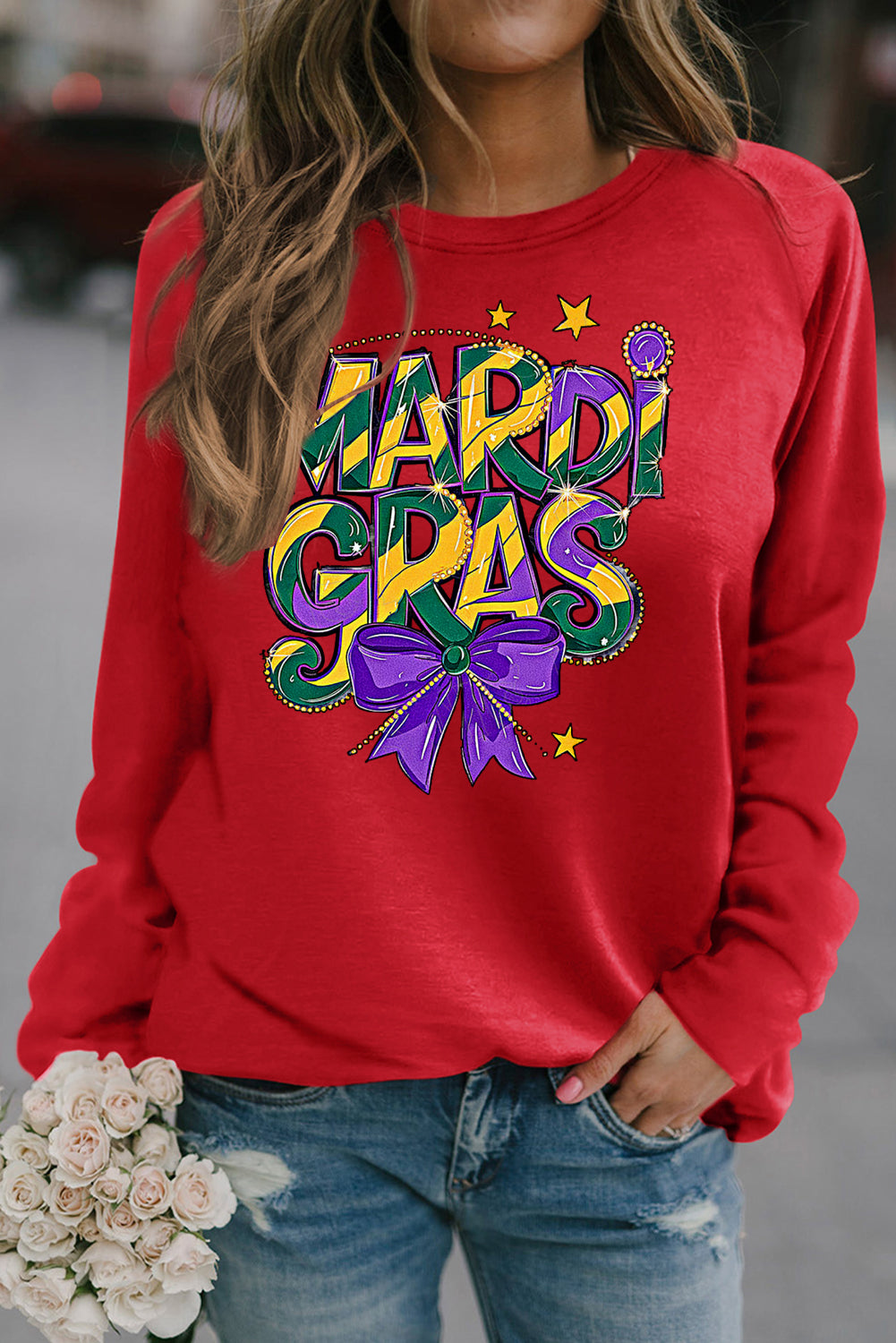 Mardi Gras Bow Graphic Round Neck Raglan Sleeve Sweatshirt